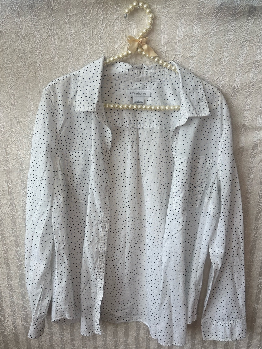 Liz Claiborne White Blouse with Navy Polka Dots